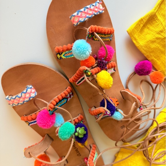 Ammos Genuine Leather Greece Pom Friendship Charm Gladiator Wrap Sandal Size 7 - Picture 5 of 15